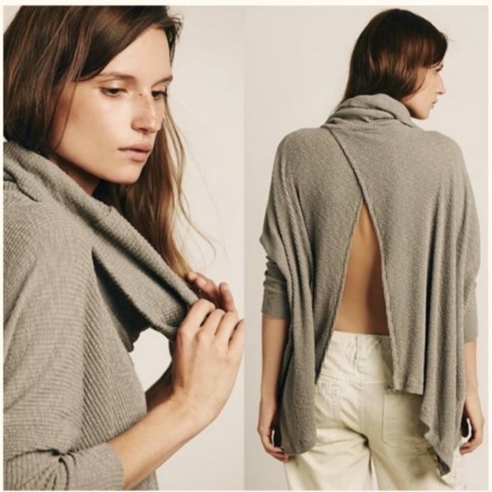 Free People Open-Back Cowl Neck Sweater in Light Gray